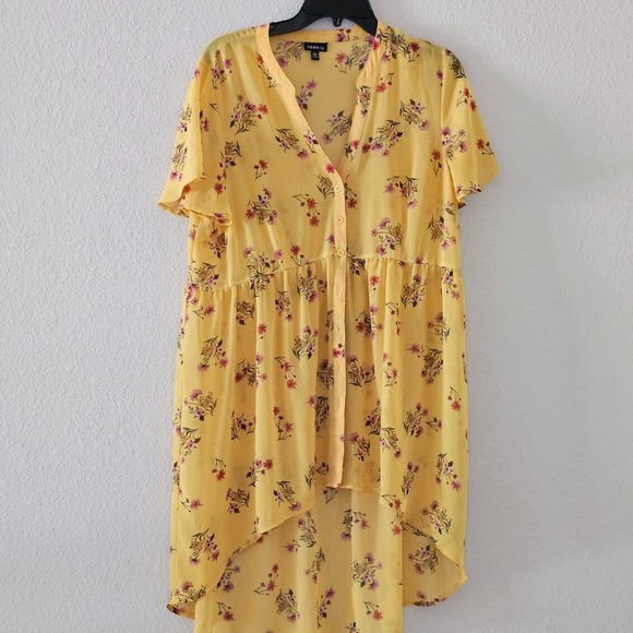 Torrid Blouse Women's Size 00 Yellow Floral High Low Tunic Top V-Neck - Picture 3 of 6
